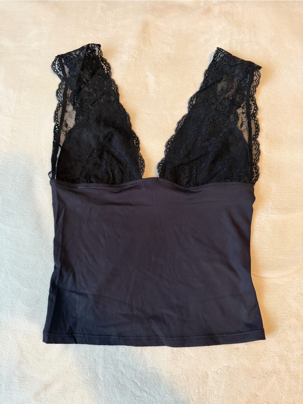 Free People Black Lace VโNeck Ribbed Tank